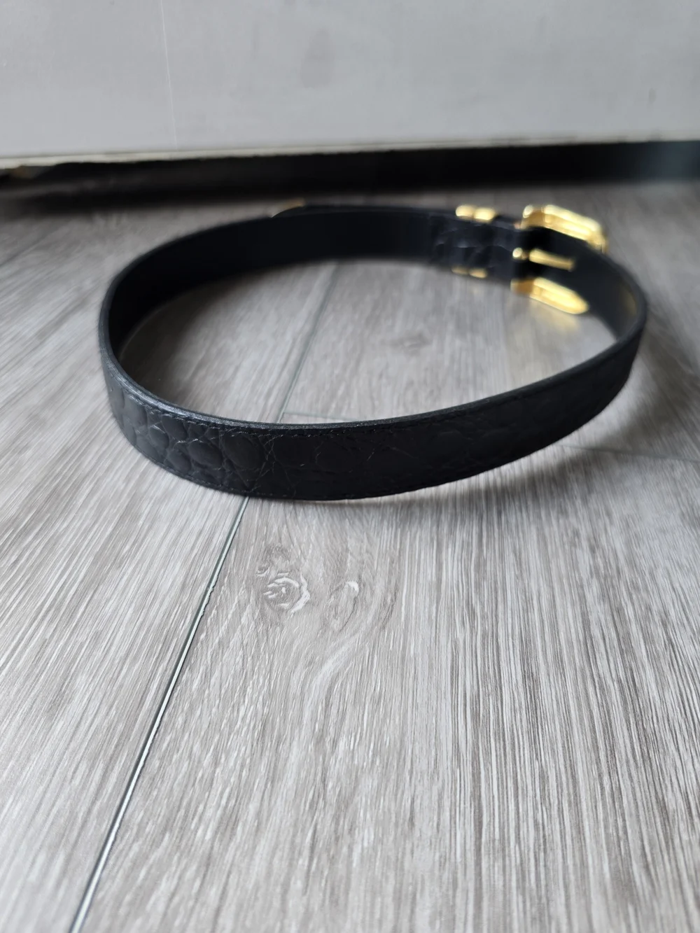 Vintage 90s Black Croc Embossed Leather Belt Chunky Gold Western Buckle USA M
